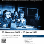 Poster zur Ankündigung der Ausstellung "Ein Prozess - vier Sprachen" in Hamburg.